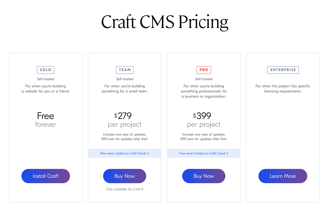 Prijsoverzicht van Craft CMS op de Craft CMS website.