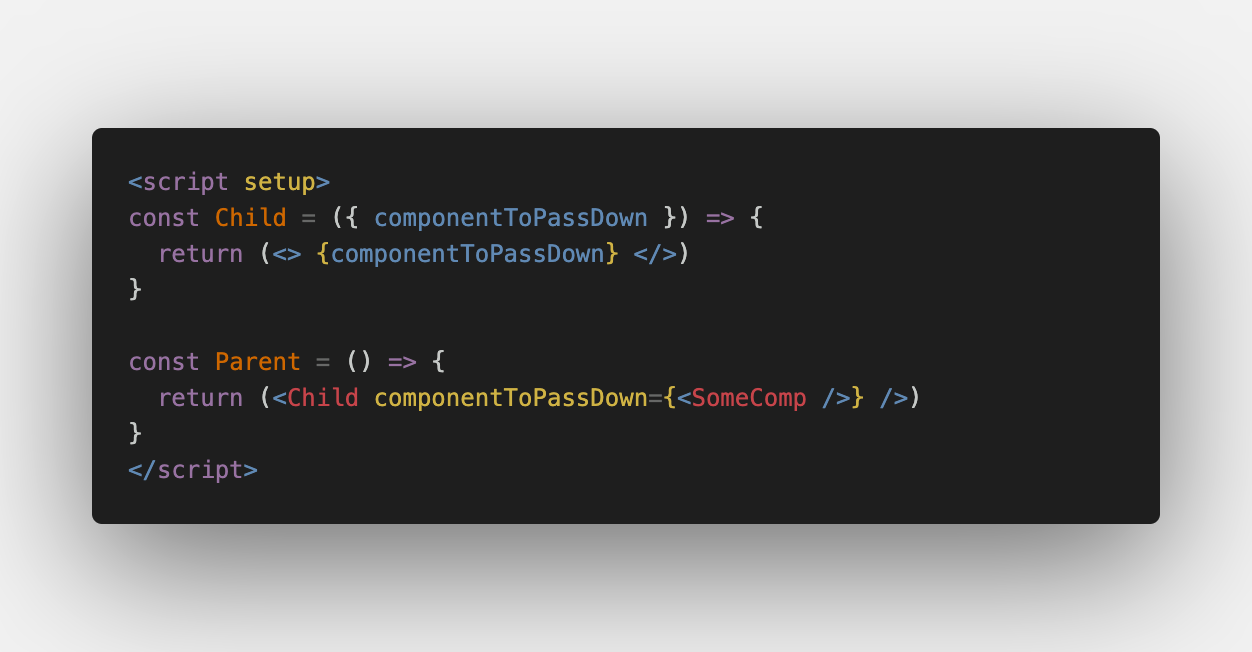 Vue-code die de relatie tussen een parent en child component toont.